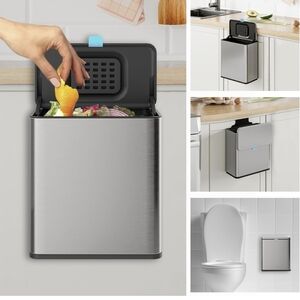 Stainless Steel Hanging Trash Can with Lid and Inner Bucket, 2 Gallon Kitchen